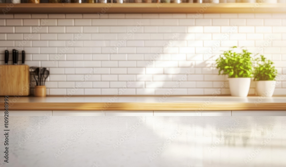 Elegant white tiles serving as a backdrop for the kitchen space. 