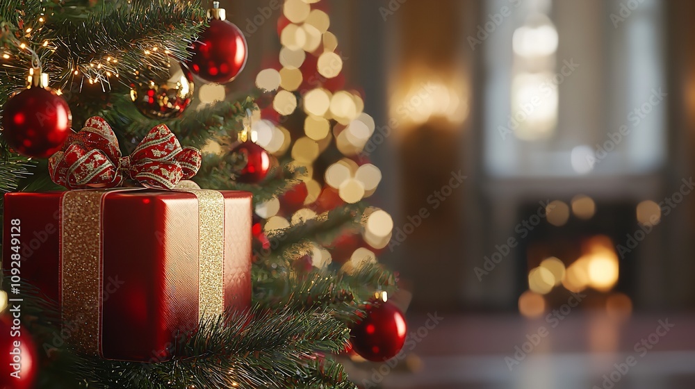 Close-up of Christmas tree with decorations and gift box