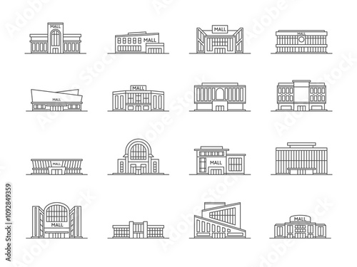 Shopping mall building supermarket store and shop outlet line art icon set vector illustration