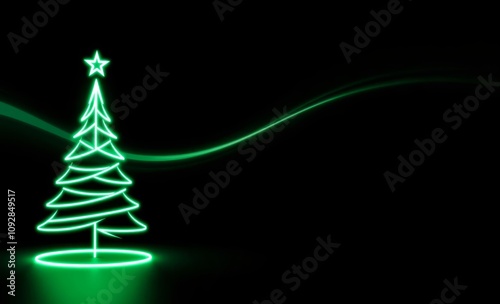 Neon green Christmas tree, glowing outline, abstract, minimalist, dark background, swirling light trail, festive, futuristic, digital art, luminous, star topper, sleek design, holiday spirit, vibrant, photo