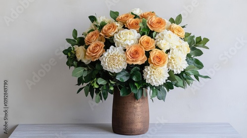 Wallpaper Mural Bouquet of golden roses, cream dahlias, Chardonnay hues, rustic vase, lush green accents, warm tone Torontodigital.ca