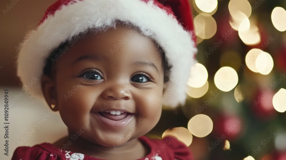 African-American cute baby portrait, child with very expressive face wearing Christmas Santa's hat, joy happiness and surprise bold intensive emotions, festive background or banner, AI image African-American cute baby portrait, child with very expressive face wearing Christmas Santa's hat, joy happiness and surprise bold intensive emotions, festive background or banner, AI image