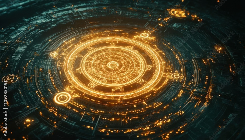 Obraz premium A glowing circular interface with intricate patterns and symbols.