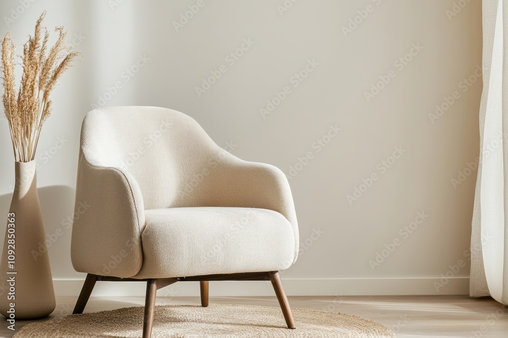 Fototapeta premium cozy home decor, soft boucle armchair in neutral tones adds coziness to a living room with warm lighting and room for text