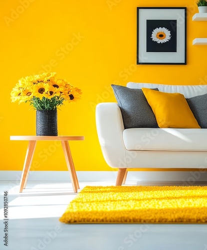 Bright living room with white sofa and yellow accents photo