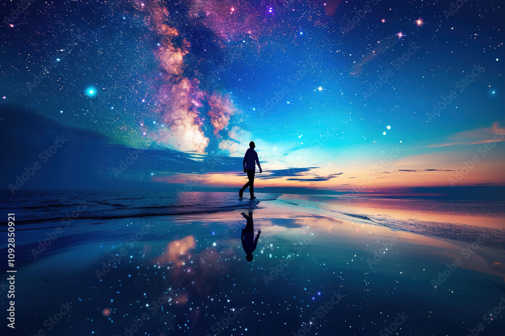 A lone man walks on the beach, under vibrant galaxies and swirling stars overhead A lone man walks on the beach, under vibrant galaxies and swirling stars overhead