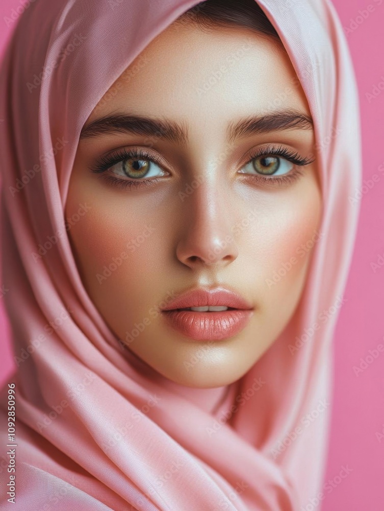 A portrait of a woman in a pink hijab against a pink background.