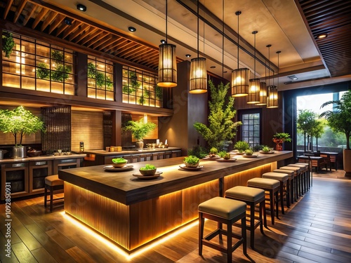 Elegant Asian Restaurant with Sleek Bar Counter Offering a Sophisticated Dining Experience and Fusion of Flavors in a Cozy, Ambient Setting