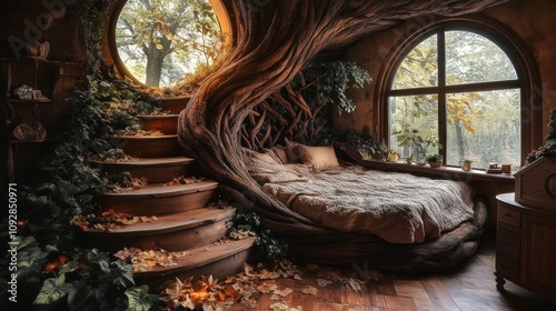 Cozy bedroom in magical tree house, fairy house and room interior in mystical enchanted forest, AI generated image