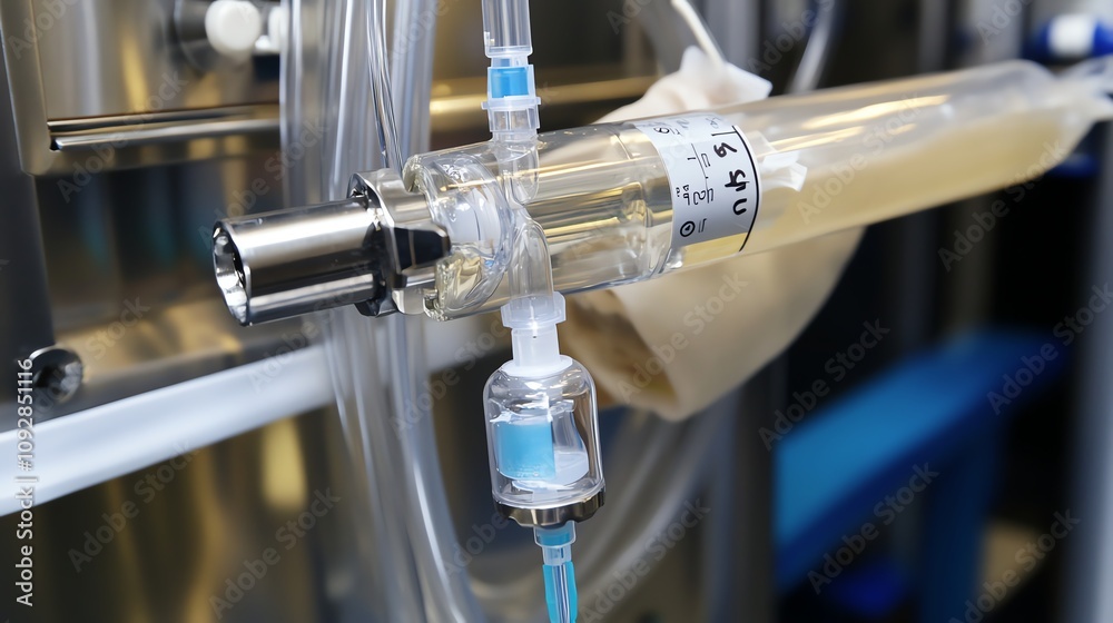 Close-up of medical machine with tubes and fluid in laboratory setting. Close-up of medical machine with tubes and fluid in laboratory setting.