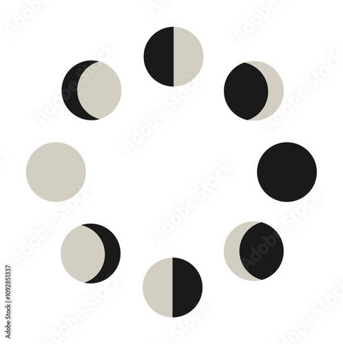 moon phases diagram. new moon, waning crescent, third  quarter, waning gibbous, full moon, waxing gibbous, first quarter, waxing crescent