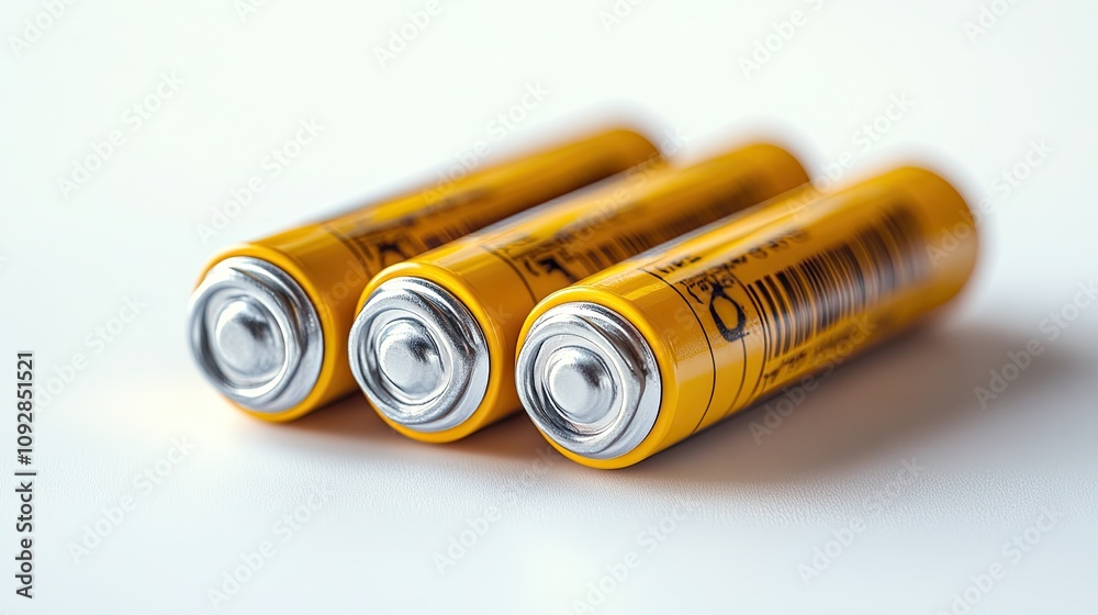 Four AA batteries in close-up, isolated against a white background Four AA batteries in close-up, isolated against a white background