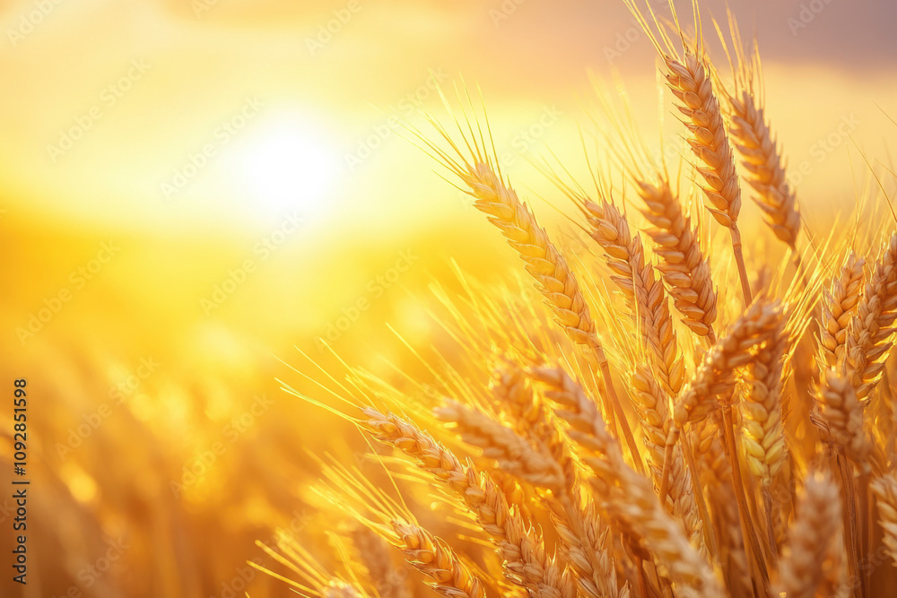Ears of golden wheat against a sunset sky. Close-up of a beautiful nature field with a glare of sunlight. Ripening ears of meadow wheat. Rich harvest. Beautiful summer or autumn nature background Ears of golden wheat against a sunset sky. Close-up of a beautiful nature field with a glare of sunlight. Ripening ears of meadow wheat. Rich harvest. Beautiful summer or autumn nature background