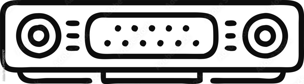 Outline Icon of Audio Receiver or Amplifier, Black-and-white outline icon of an audio receiver or amplifier with knobs and buttons, suitable for audio and tech designs.
