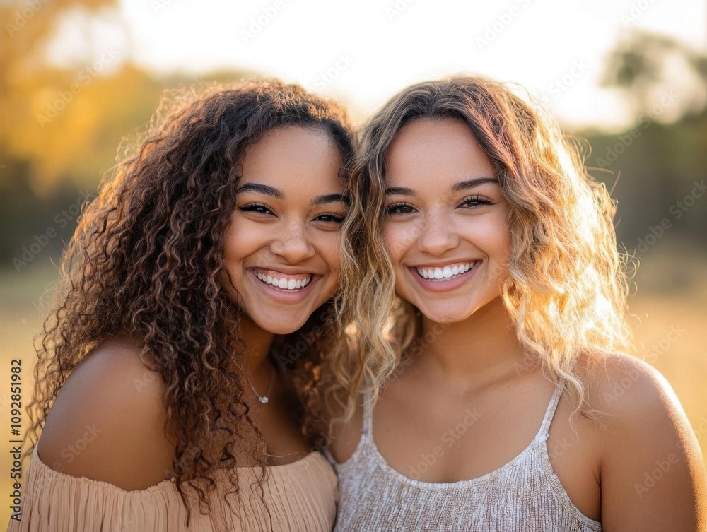 Two smiling young women posing together in a sunny outdoor setting. Two smiling young women posing together in a sunny outdoor setting.