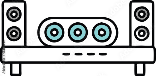 Home Theater System Icon with Speakers, Illustration of a home theater system with central unit and speakers, representing audio technology and entertainment setups.
