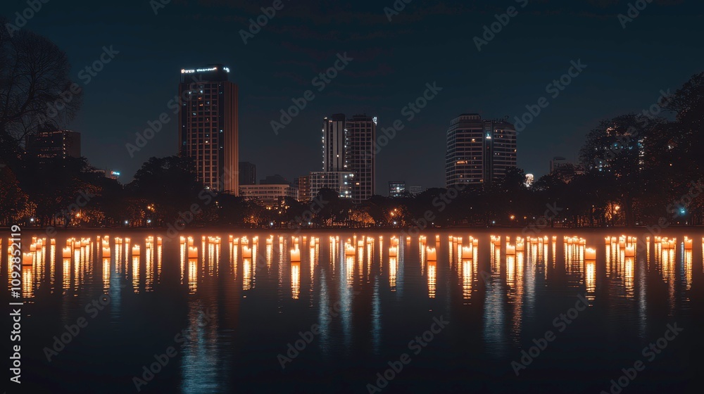 Nighttime reflection of city lights on water urban landscape photography serene environment night view cityscape illumination Nighttime reflection of city lights on water urban landscape photography serene environment night view cityscape illumination