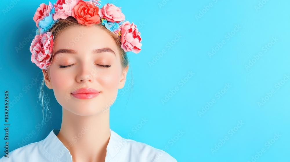 Young woman with a serene expression wearing a floral crown, standing against a bright blue background, exuding tranquility and natural beauty, perfect for wellness themes Young woman with a serene expression wearing a floral crown, standing against a bright blue background, exuding tranquility and natural beauty, perfect for wellness themes