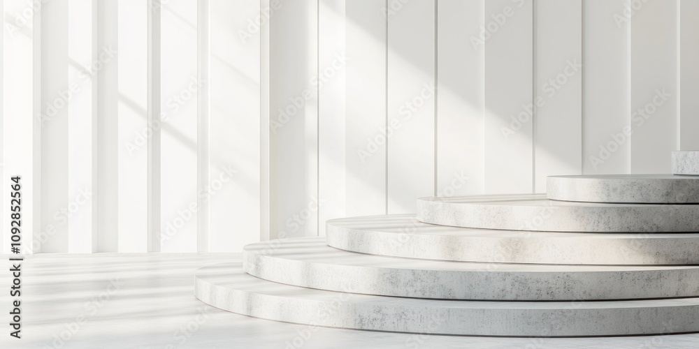 Fototapeta premium A minimalist stage with circular steps in a bright, airy space.