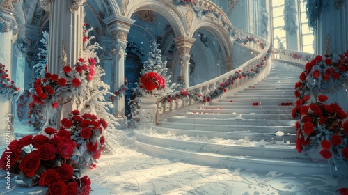 Winter marble stairs and arches with flower and leaves garlands, fantasy fairy palace, heaven stone stair with floral decorations, fairytale princess castle interior, AI generated image