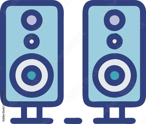 Dual blue speakers vector illustration, Vector illustration of two modern blue speakers featuring dual circular drivers on stands, ideal for stereo sound systems and audio setups.  
