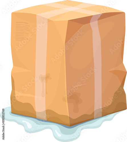 Damaged parcel box or soaked in water with crumpled cardboard, vector delivery accident icon. Cargo parcel package or carton box wet or leaked of damage with bent and crumpled sides in water