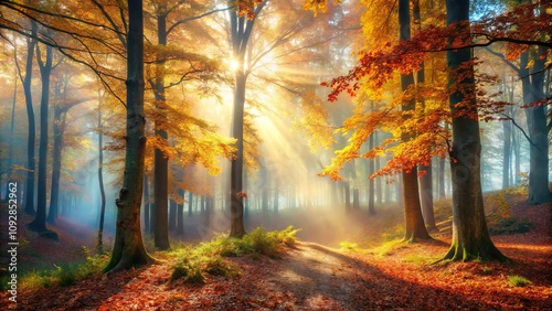 Enchanted Autumn Forest with Dreamy Fog and Morning Sunshine, Perfect for Fantasy Scenes and Nature Illustrations, Evoking Serene Atmosphere and Magical Vibes