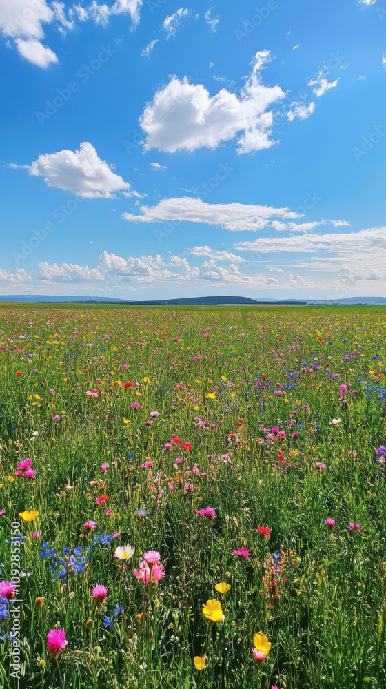a vast green field with colorful wildflowers, a clear blue sky, and white clouds in the background, photo on a mobile phone. a vast green field with colorful wildflowers, a clear blue sky, and white clouds in the background, photo on a mobile phone.