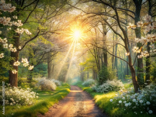 Enchanted Forest Path on a Sunny Spring Morning with Double Exposure Effects Creating a Dreamlike Atmosphere of Nature’s Beauty and Tranquility