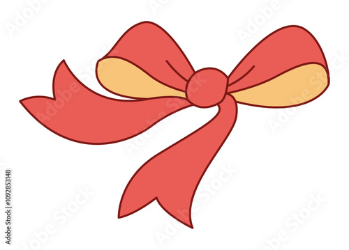 Trendy flat style Red and gold ribbon bow. Hand drawn red and yellow bowknot for decoration gift bowtie. Vector illustration