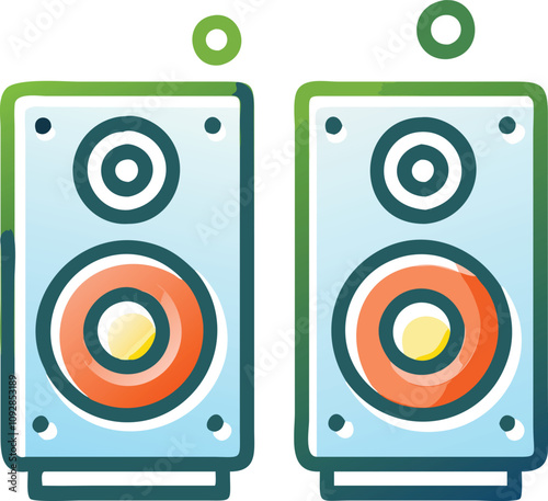 Colorful dual speakers with vibrant drivers, Illustration of two modern speakers with green and blue frames, featuring vibrant orange and yellow drivers for a dynamic stereo setup.
