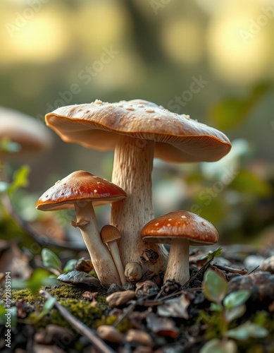 Mushrooms growing in a forest setting under soft sunlight during early autumn