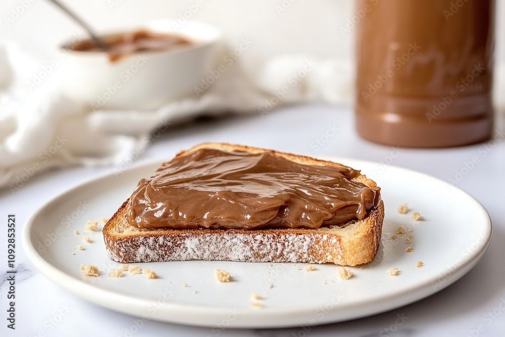 Slice of toast with chocolate spread on a white plate. Slice of toast with chocolate spread on a white plate.