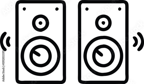 Dual speakers with sound wave icons, Black outline illustration of two speakers emitting sound waves, symbolizing stereo audio or a sound system in a minimalist design.
