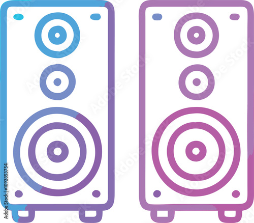Gradient dual speakers with modern outline, Line art illustration of two gradient-colored speakers, each featuring dual circular drivers, symbolizing a stylish stereo sound system.
