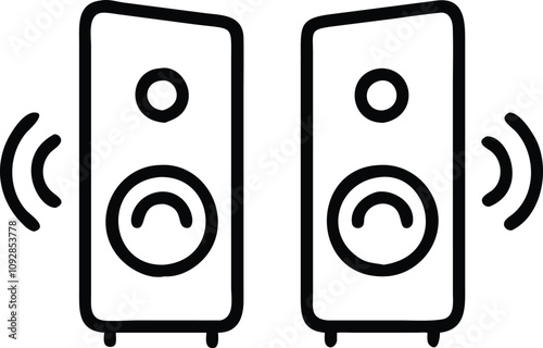 Dual speakers with sound wave icons, Black outline illustration of two speakers emitting sound waves, symbolizing stereo audio or a sound system in a minimalist design.
