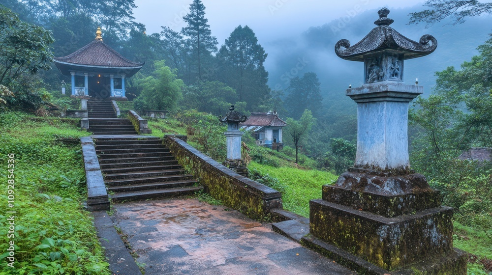 Obraz premium Tranquil temple pathway in misty mountain landscape serene atmosphere nature photography peaceful retreat