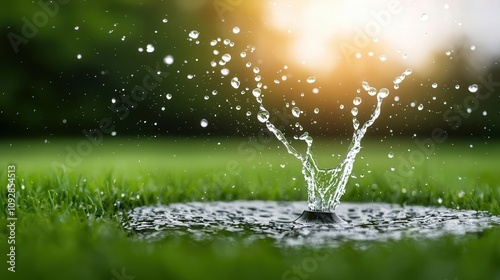 Sunlight reflecting off water droplets splashing from a sprinkler on a hot summer day, sprinkler splash, summer droplets