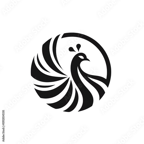 Simple and minimalist logo of a peacock in black and white. photo