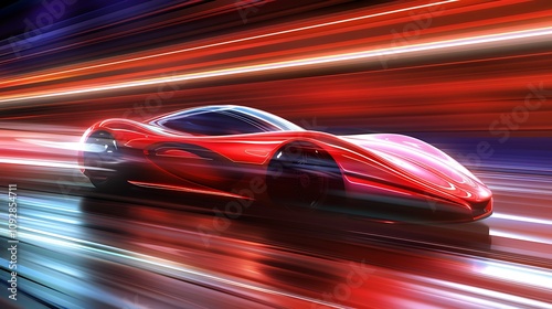 A sleek, futuristic red sports car racing through a vibrant, blurred backdrop, highlighting speed and innovation.