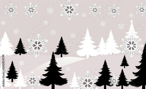 Symmetrical snowflakes and simple christmas trees create a festive winter background with elegance christmas tree silhouette Illustration 