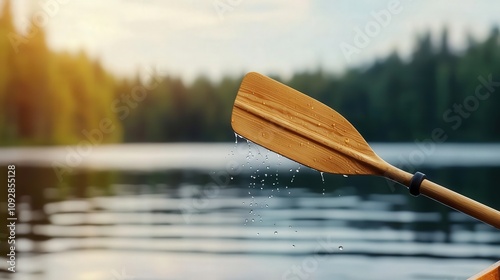 Water droplets flying off a paddle as someone rows a boat across a sunny lake, paddle splash, outdoor summer relaxation