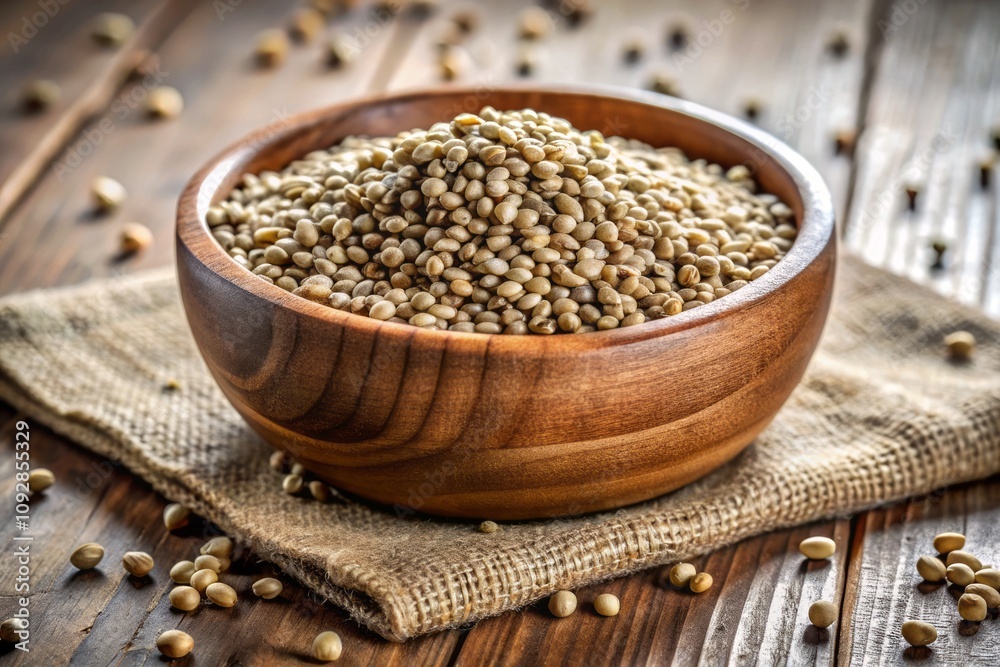 Hemp Seeds in a Rustic Wooden Bowl Isolated on a White Background, Perfect for Healthy Eating, Nutrition, and Organic Lifestyle Concepts Hemp Seeds in a Rustic Wooden Bowl Isolated on a White Background, Perfect for Healthy Eating, Nutrition, and Organic Lifestyle Concepts