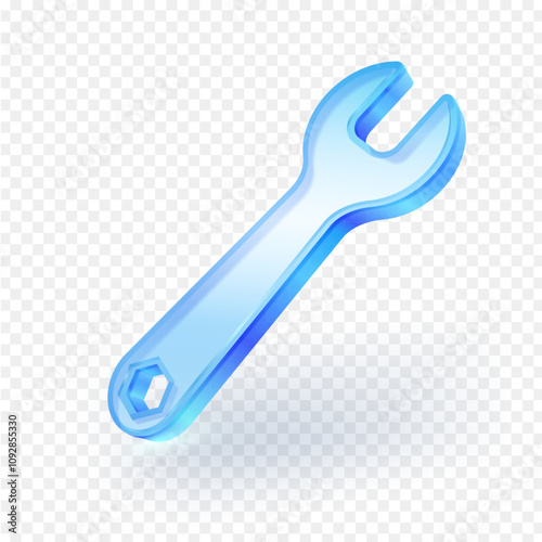 Wrench service tool icon 3d, maintenance symbol, blue transparent glass material, isolated on transparent background, vector illustration file.