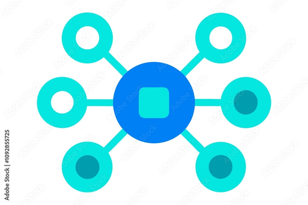 A blue and white image of a network of circles with a blue button in the middle A blue and white image of a network of circles with a blue button in the middle