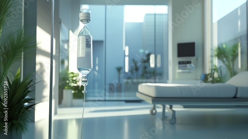 Modern hospital room with IV drip and sunlight streaming in. photo