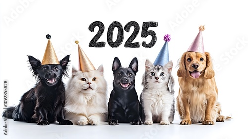 Cute dogs and cats celeberate 2025 Happy New Year ,Animal Party ,wear party hats, with 