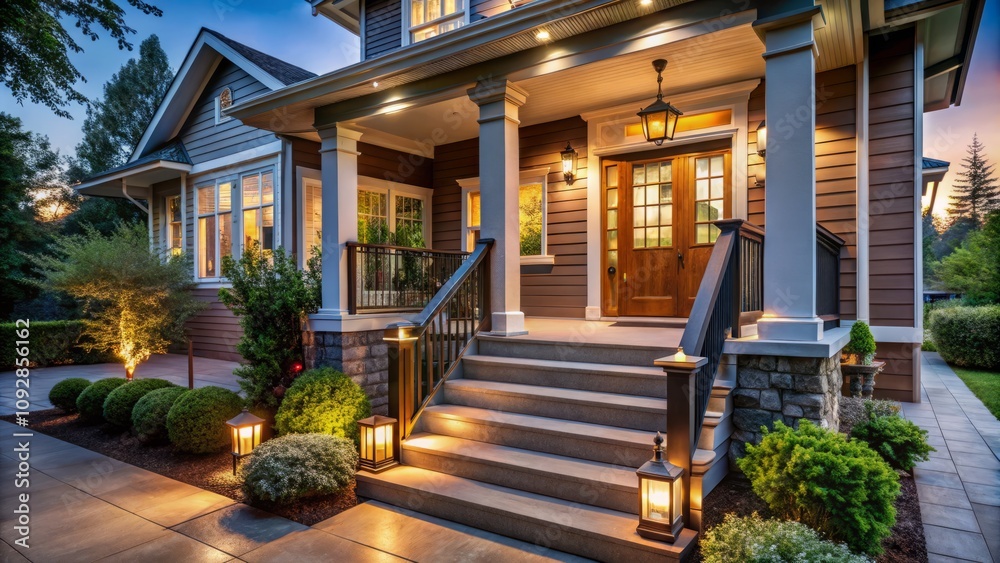 Fototapeta premium Inviting Square Entryway of a Home with Elegant Stairs Leading Up to the Front Porch and Door, Showcasing Architectural Details and Warm Lighting for a Welcoming Atmosphere