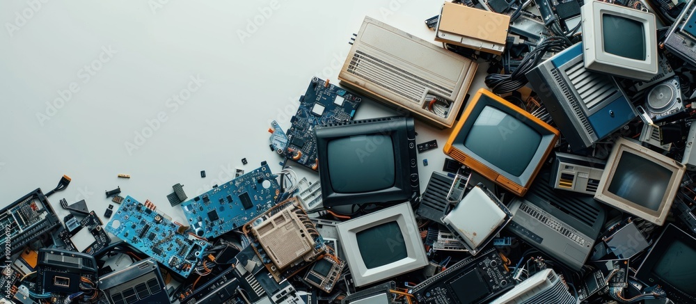 An overhead view of broken electronic devices, such as old televisions and computer parts. An overhead view of broken electronic devices, such as old televisions and computer parts.