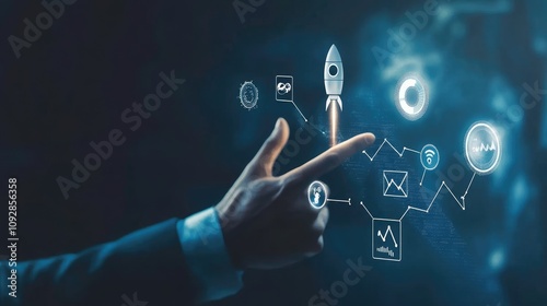 Businessman touching rocket launch icon on virtual screen with growth graph and success symbols, digital marketing strategy for online business development in social media tech, hyper-realistic style 